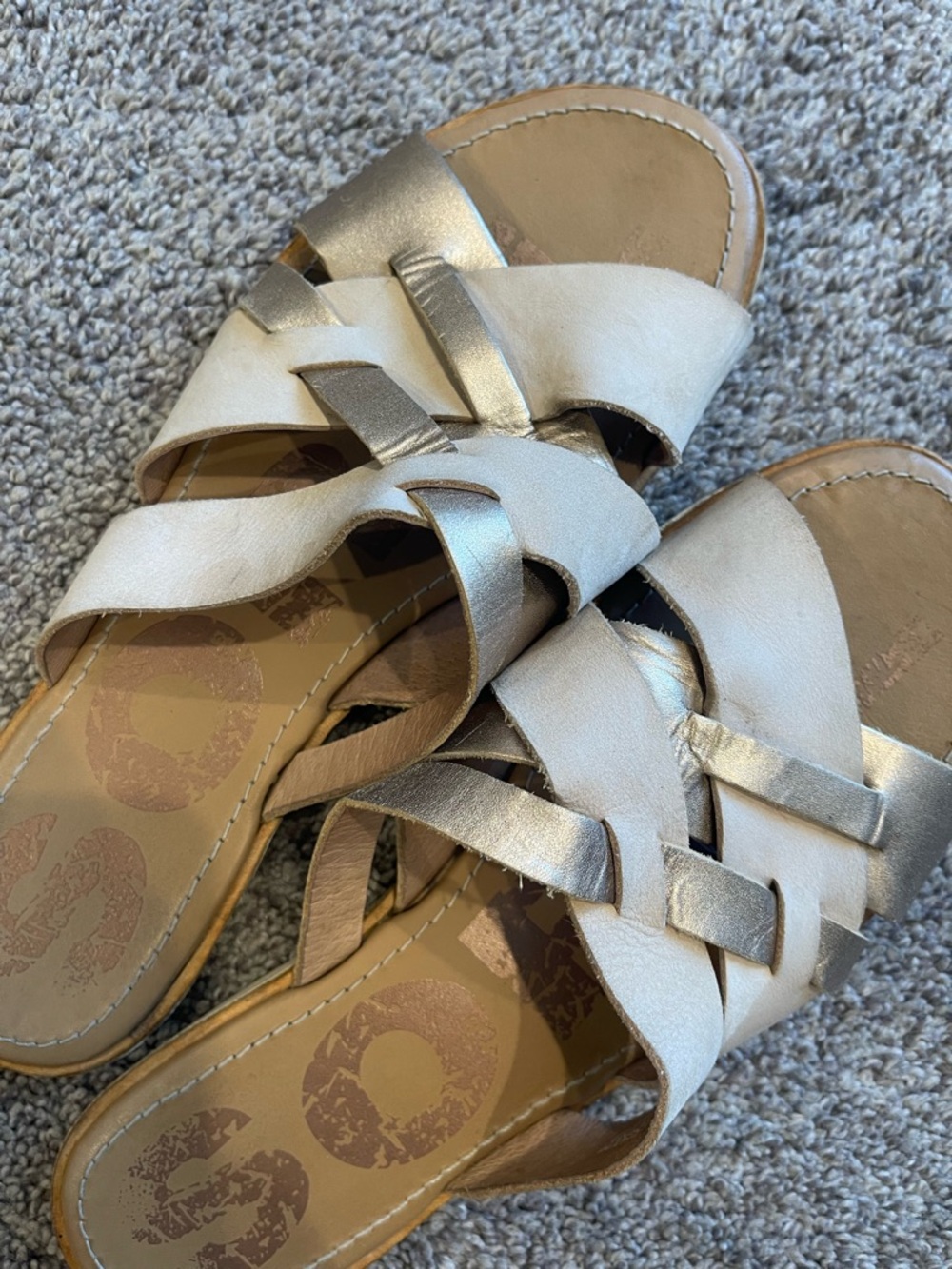Sorel Leather Slide Sandals Silver & Cream Woven Straps Size 9 - Picture 4 of 6